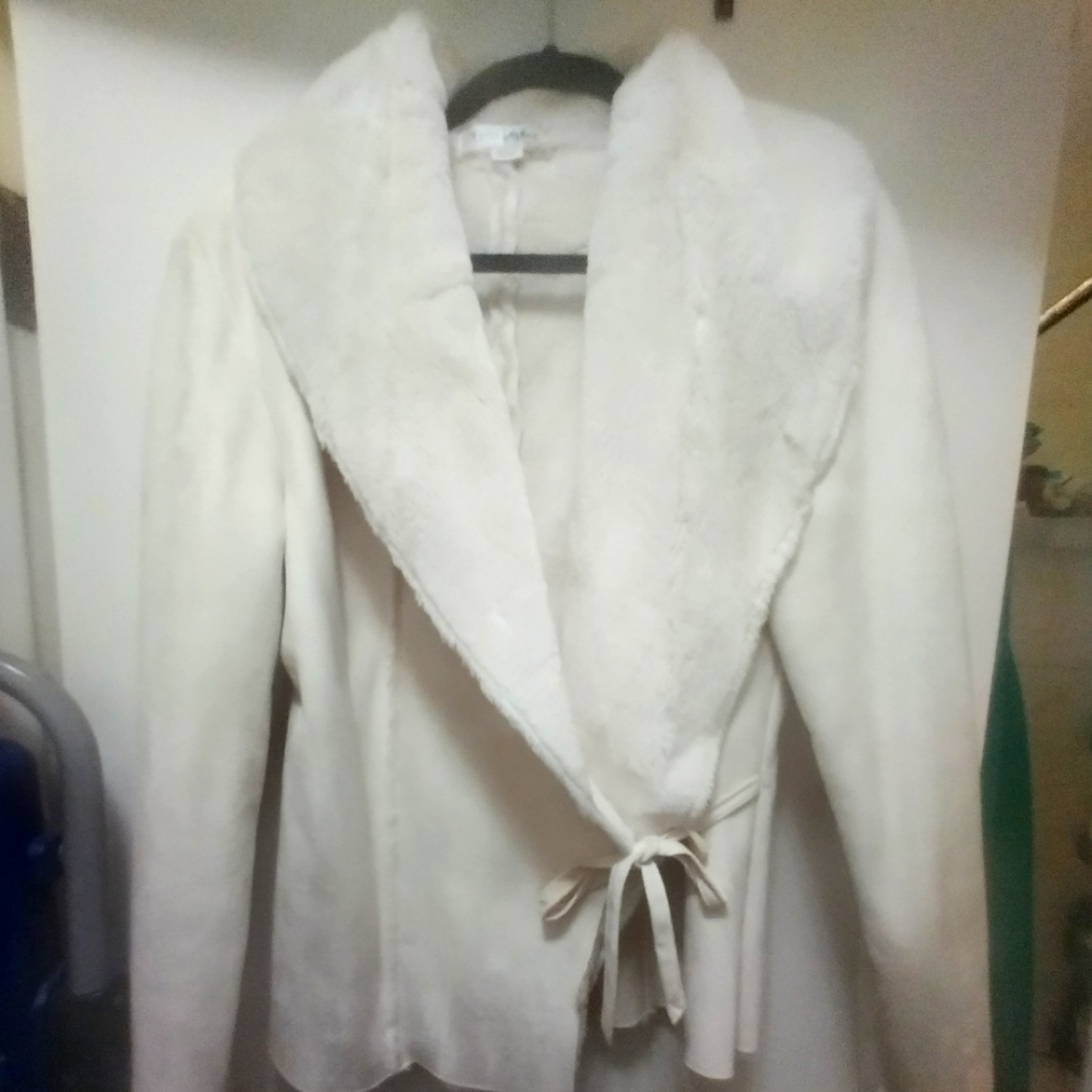White house Black market white suede jacket with faux fur inside, L